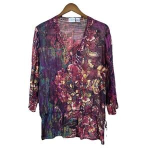 CHICO’s 100% Silk Sheer Chiffon Blouse Top Multicolor Size 3 14 Goblincore Indie